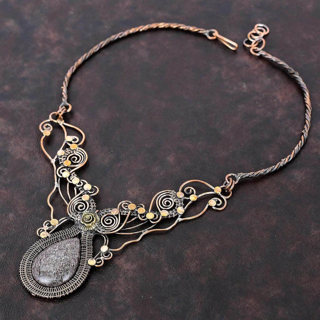 Dinosaur Bone Necklace Copper Wire Wrapped Necklace Gemstone Copper Jewelry Adjustable Necklace Handmade Birthstone Jewelry Anniversary Gift