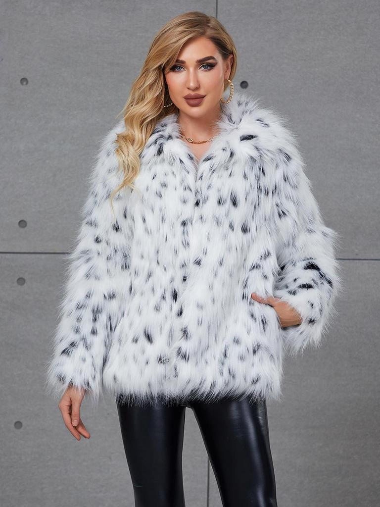 2023 Damen Schwarz-Weiß Leoparden Kunstfellmantel - Europäischer & Amerikanischer Stil, Warmer Reverskragen für Herbst & Winter