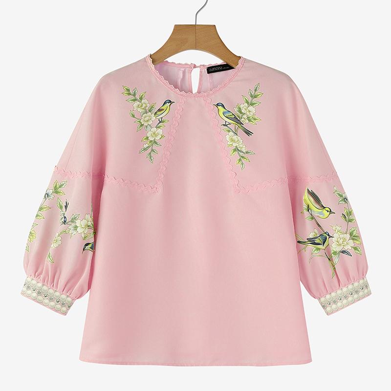 ZANZEA Women Lace Splice Round Neck 3/4 Sleeve Loose Print Blouse