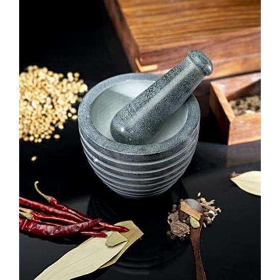 Crocon Grey Marble Pestle and Mortar Set – 4 Inch Spice and Herb Grinder, Perfect for Grinding Spices, Silbatta, and Kitchen Tools & Gadgets