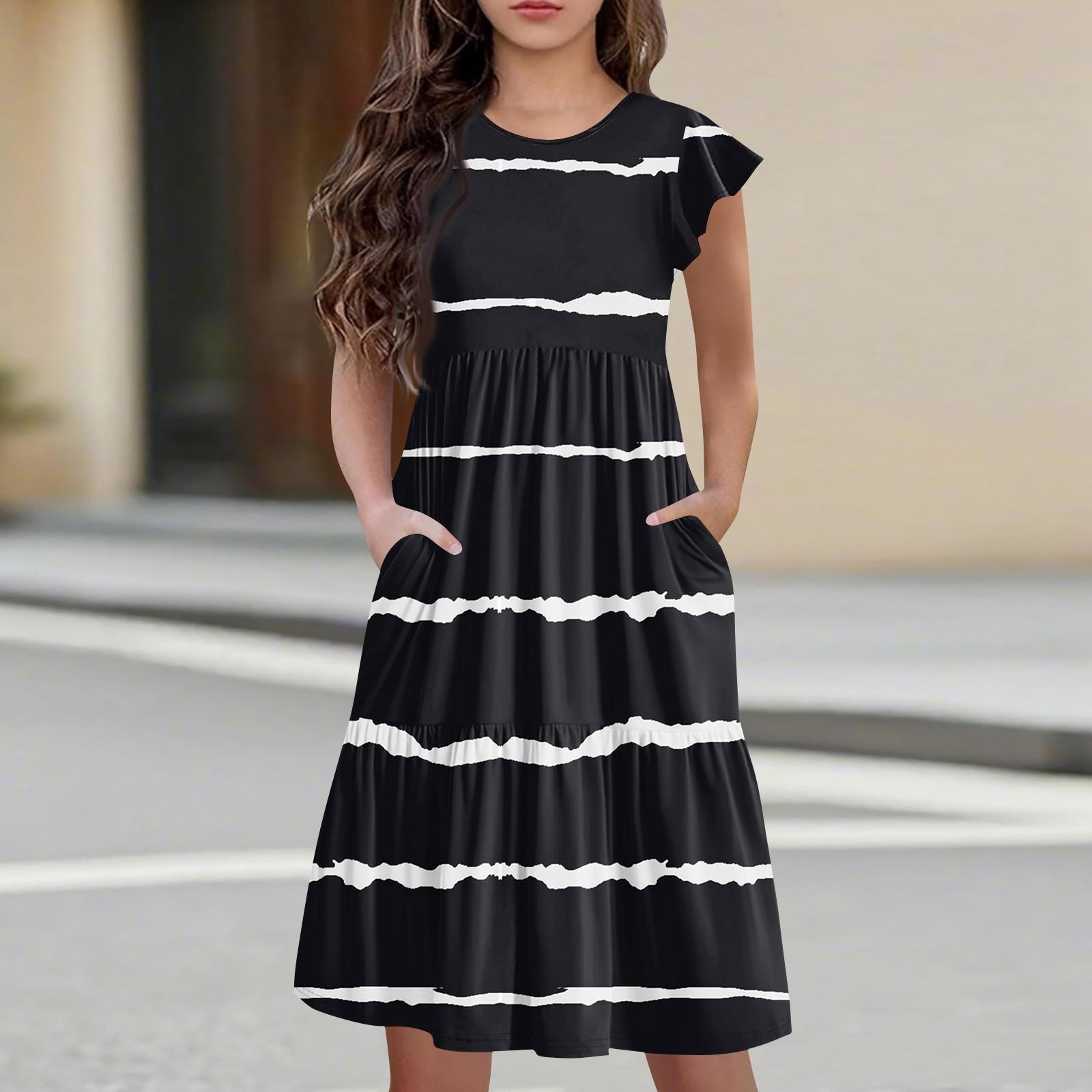 

Детская юбка с круглым вырезом, плиссированная, с коротким рукавом, юбка принцессы, модное повседневное платье с карманами для девочек 160 чёрный