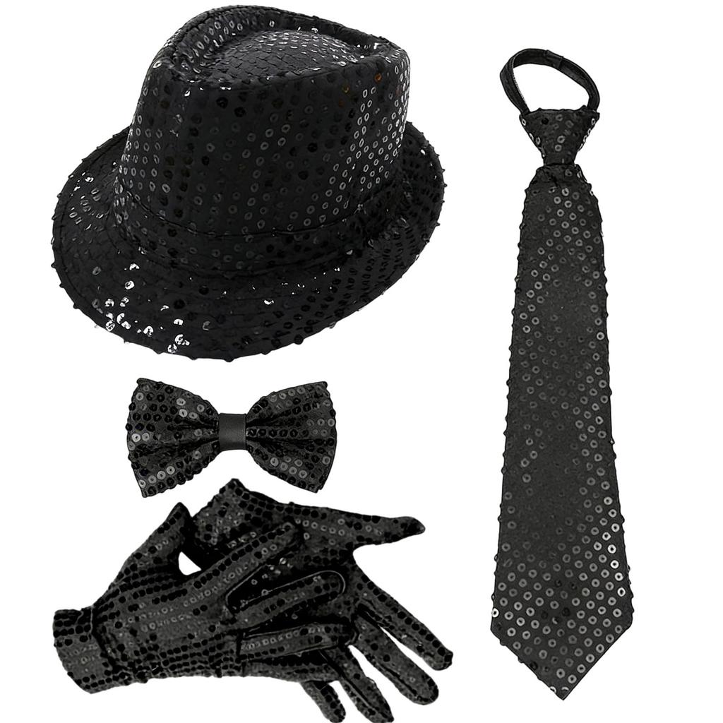 Prestandaprops: Paljettprydd hatt, slips, handskar, hängslen, herrkostym