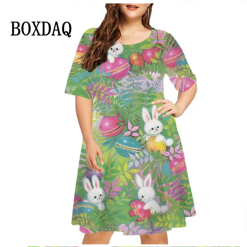 3D Cartoon Hase Print Kleid Osterei Kleid Damen Kurzarm Mode Kawaii Freizeitkleider Party Übergroße Damenbekleidung