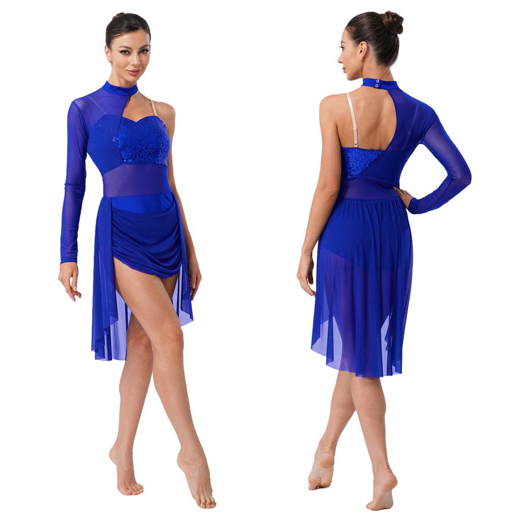 Damen Lyrischer Tanz Trikot Rollkragen Verstellbare Spaghettiträger Ein Schulter Glitzernde Pailletten Kleid