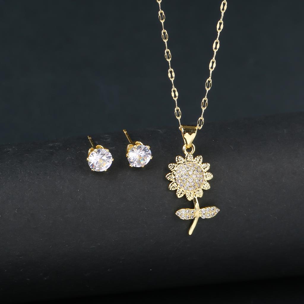 2pcs Sparkling Crystals Botanical Sunflower Necklace Earrings Zircon Set for Woman New Fashion Casual Party Zircon GirlGift