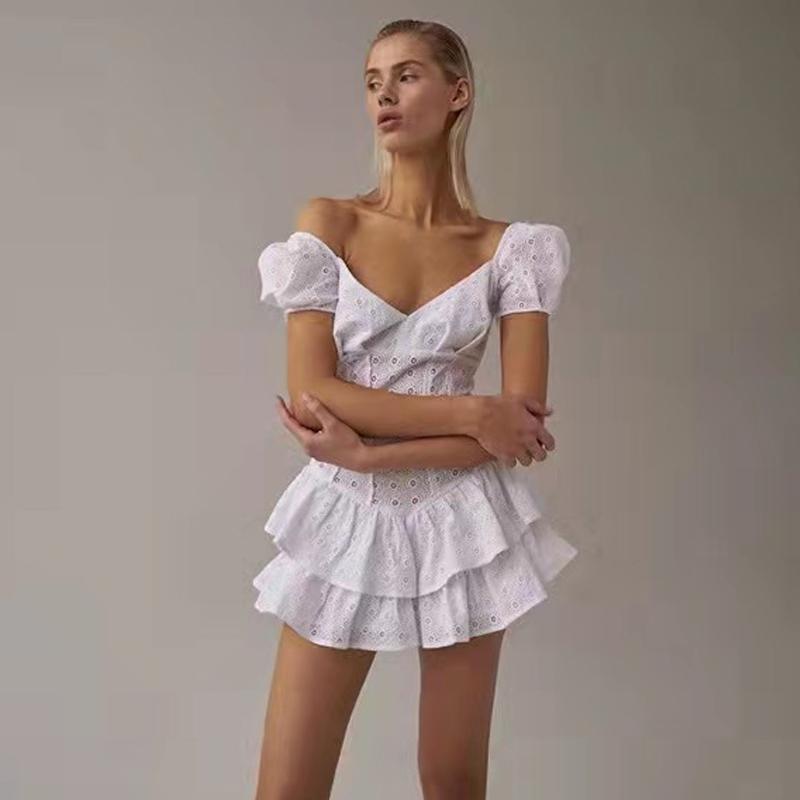 Vestido Pregueado com Babados Decote V Feminino Manga Bufante Chic Preto Vestido de Verão Festa Vazado Vintage Corset Senhoras