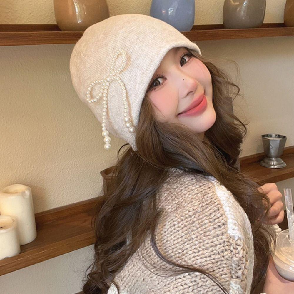 Ear Protector Pearl Bow Beanies Cap Casual Korean Wool Hat Stacking Knitted Bonnet Cap  Daily