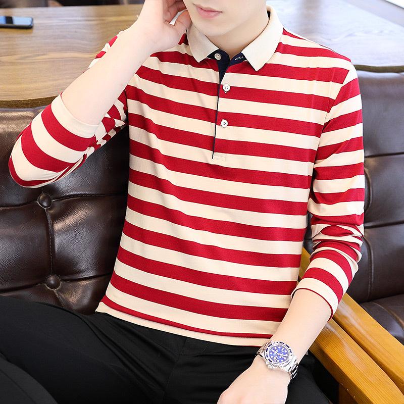Men 'S Polo Shirt Long Sleeve T -Shirt Korean Style Lapel Cotton Striped T -Shirt 