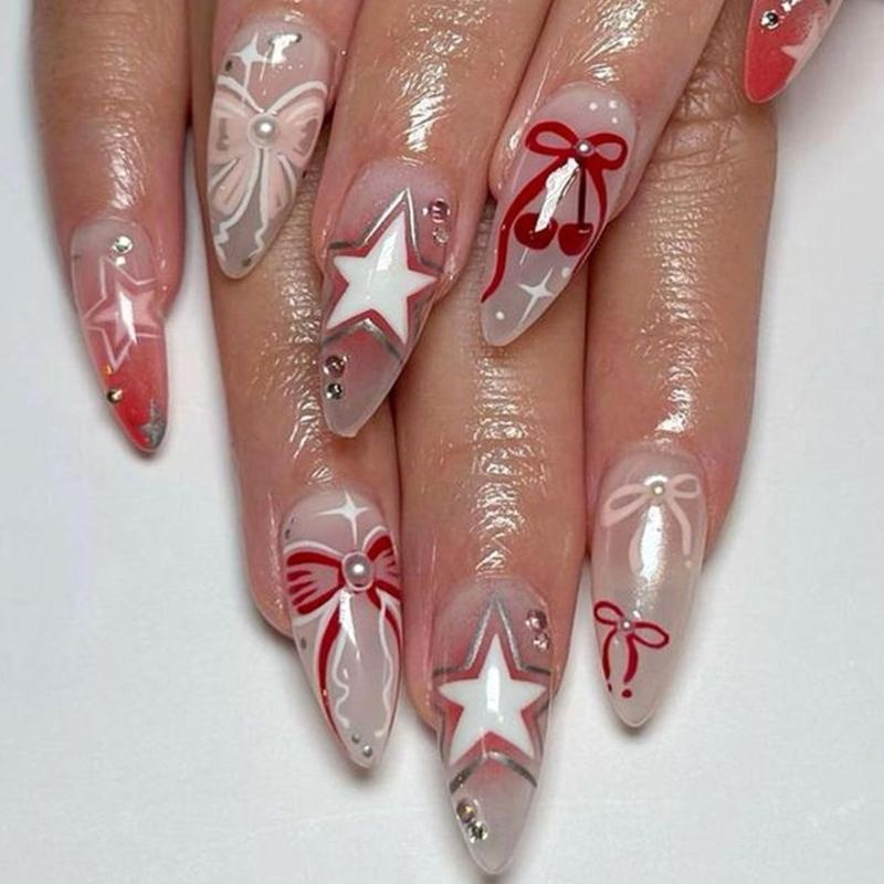 

Independence Day Acrylic Press On Nail Medium Almond Shape False Nail Bows Star And Rhinestones Design 24 Pieces 1