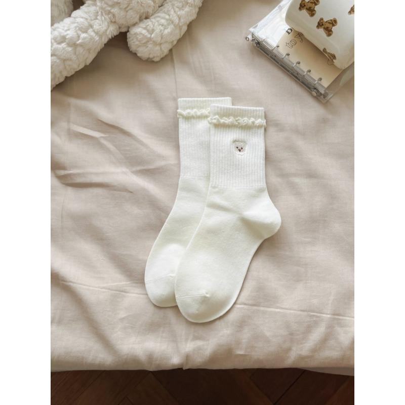 

Socks, Women s Bubble Lace Mid-calf Socks, Boneless Postpartum Socks, Spring and Autumn Cotton Socks, Bear Cartoon Embroidery, Academy Style 1 pair молочный белый