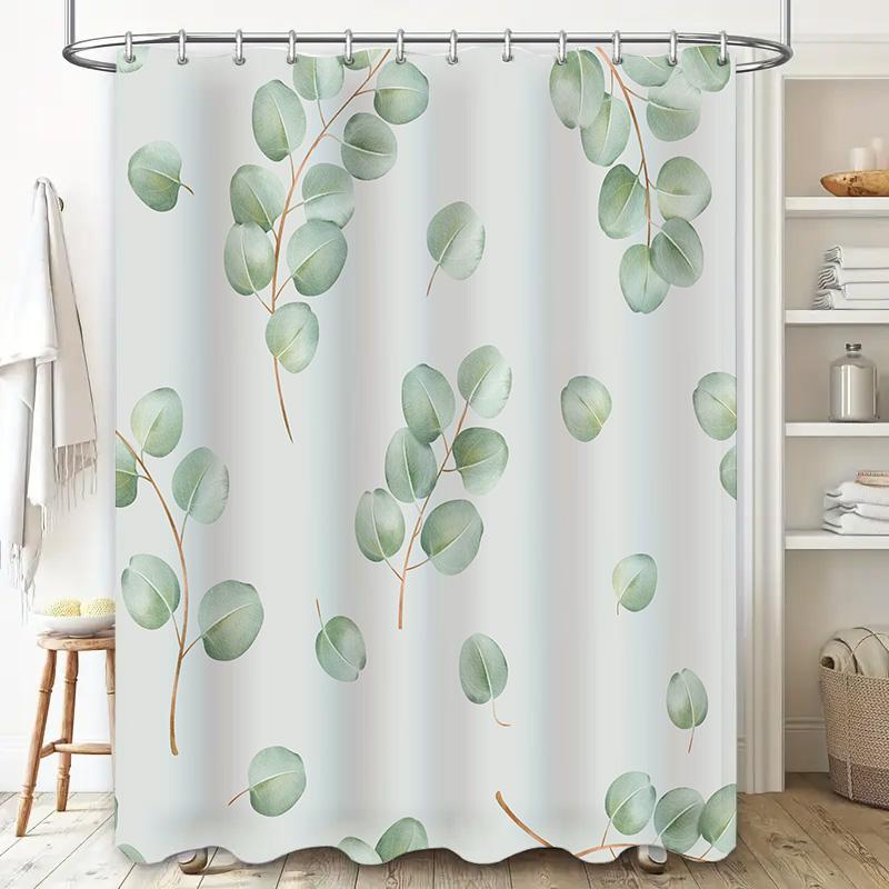 Modern Watercolor Green Leaves Shower Curtain Bathroom Decor Waterproof Liner White/Blue/Green Set (205x183cm)