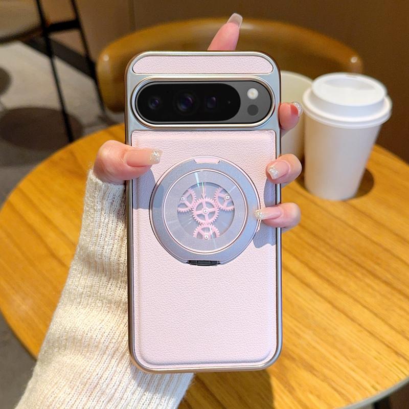 For Google Pixel 9 Pro XL Magnetic Case Rotating Kickstand Gear Stress Relief Leather Phone Back Cover