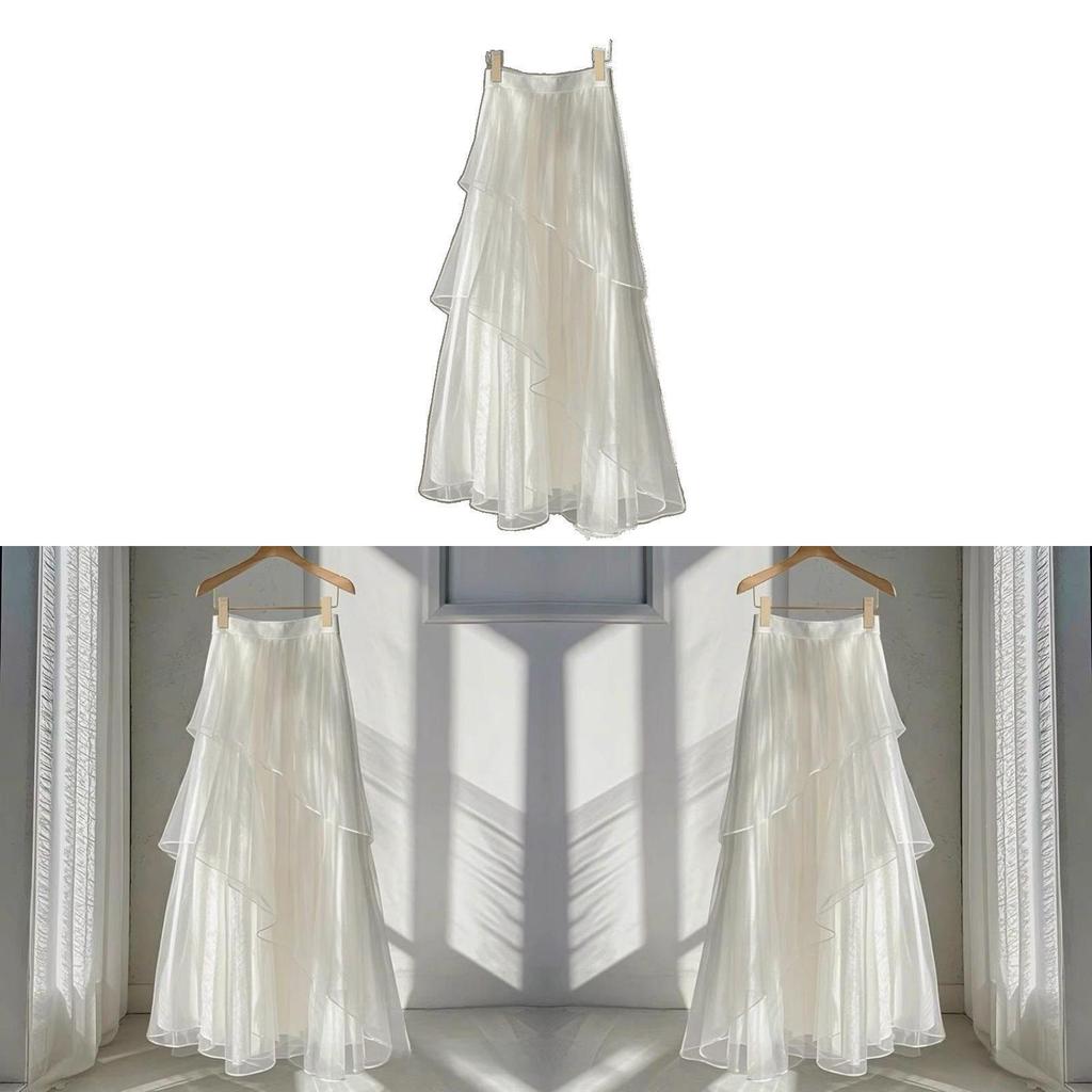French Style White Mesh Midi Skirt With Abstract Pattern For Elegant Spring Wear