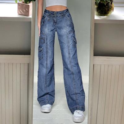 DonnaJeans Streetwear Jeans da donna a vita alta Tasche larghe sulle gambe Pantaloni cargo larghi da donna patchwork Capris in denim vintage