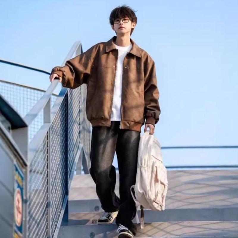 Yousheng Men Jacket Coat Lapel Long Sleeve Solid Color Coat with Pockets Loose Fit Full Zipper Closure Versatile Outwear