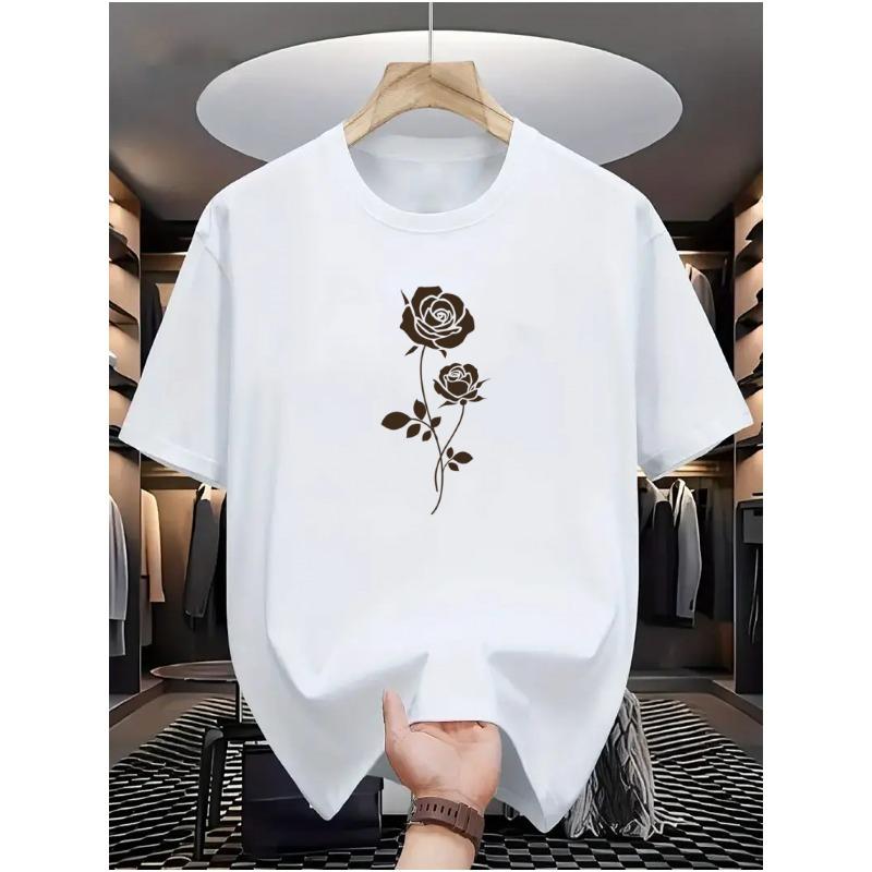 Europäische Größen Herren-T-Shirt mit Rosen-Design, vielseitige lässige Basisschicht, perfekt für bequeme Sportbekleidung