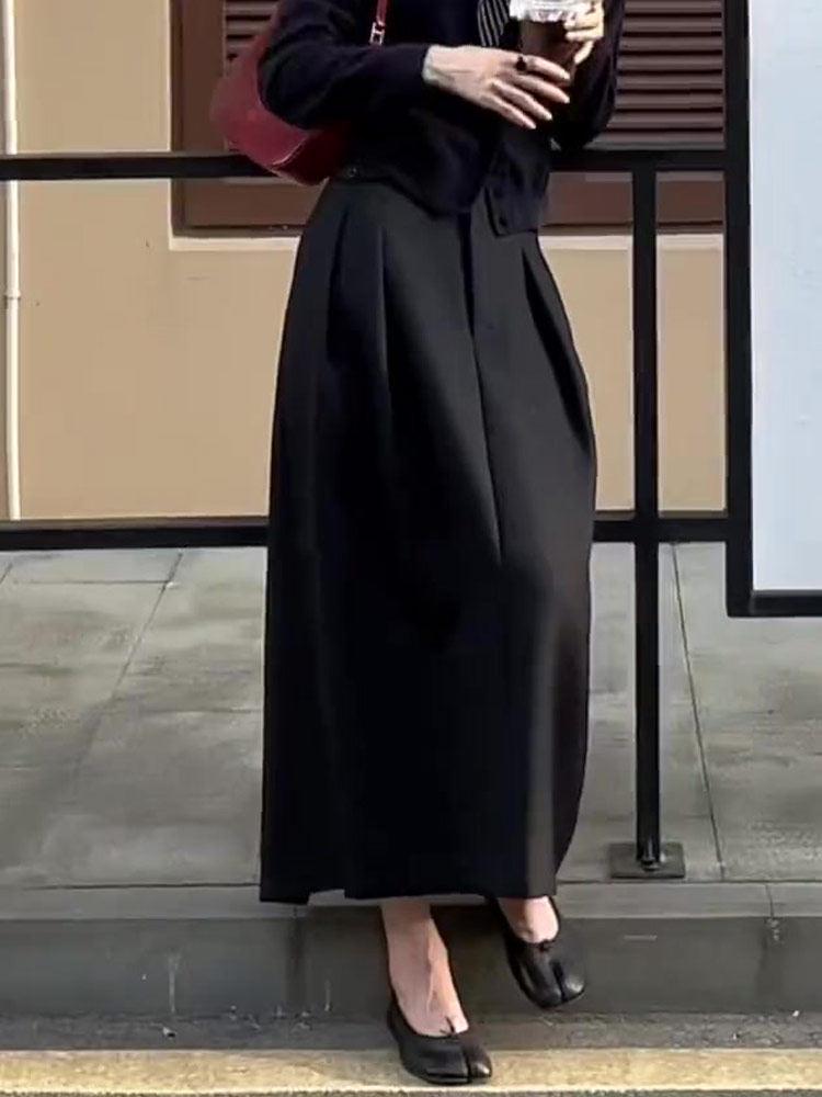 Women's Black Tulip High-Waist Skirt - Slimming, Plus Size, 2025 Autumn/Winter Fashion