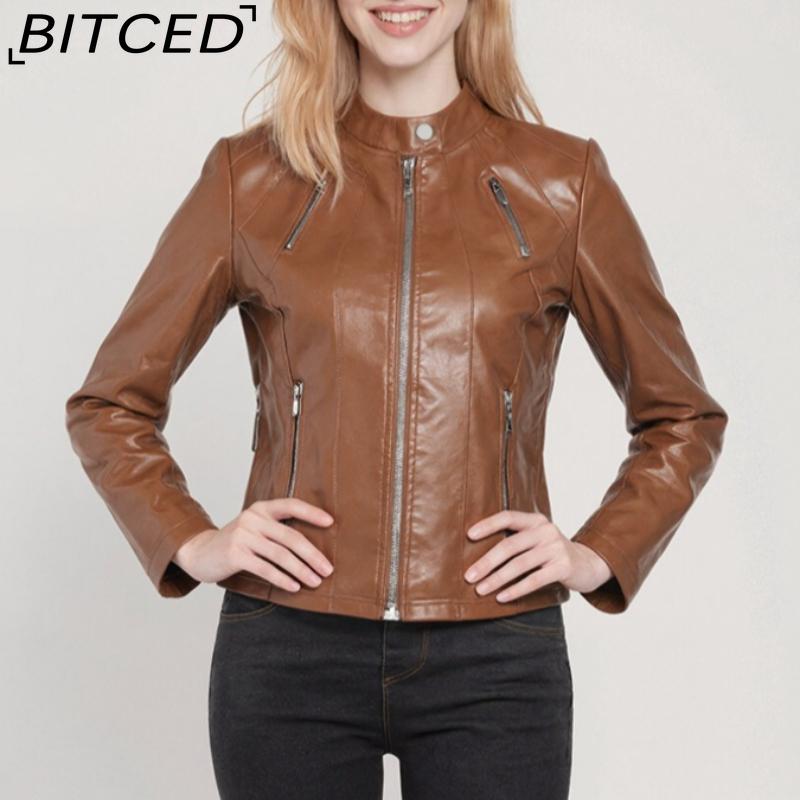 BITCED Autumn Slim-Fit Women's Leather Jacket Slim-Fit Outerwear Leather Clothing for Women