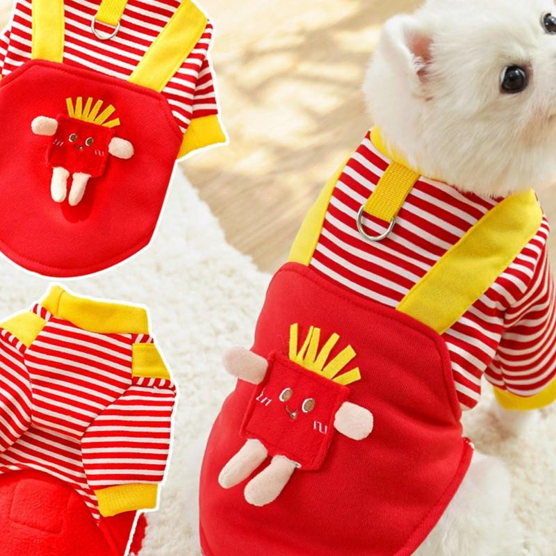 1 Stück Rotes gestreiftes Fleece-Kapuzensweatshirt mit Pommes-Muster für Hunde und Katzen, Herbst/Winter
