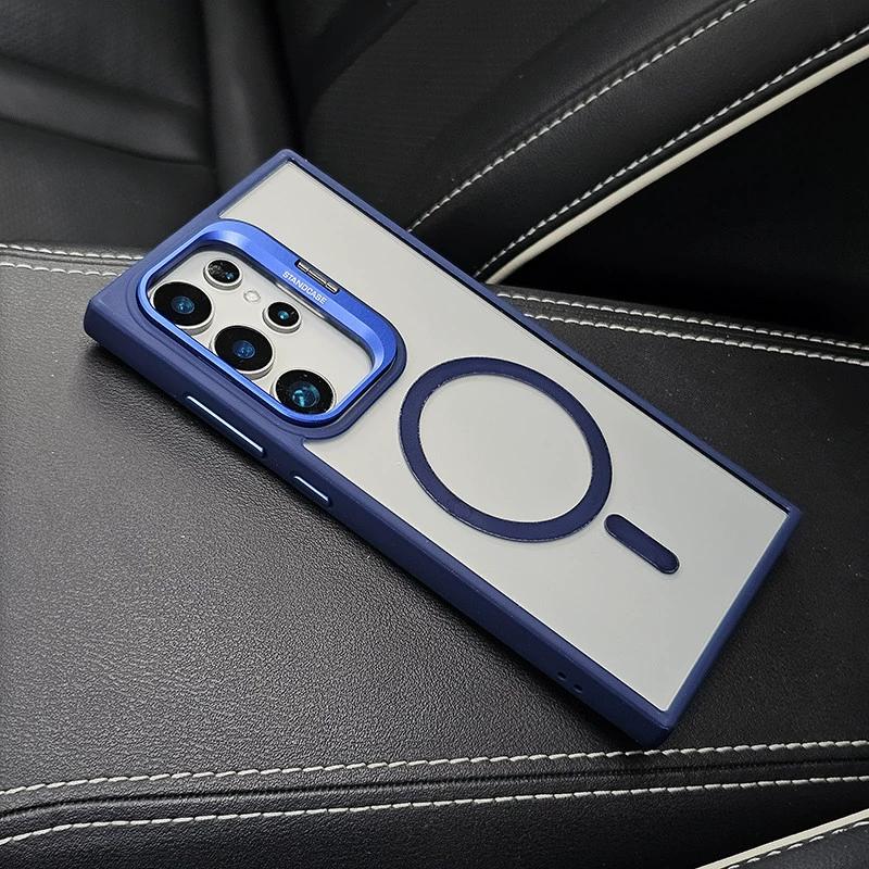 Folding Camera Lens Stand Holder For Magsafe Case For Samsung Galaxy S24 S23 S22 Ultra Plus Clear Hard Acrylic Magnetic Cover