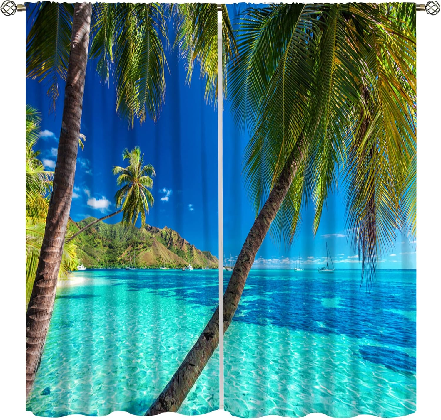 

Ocean Palm Tree Curtains Home Decor Summer Tropical Beach Hawaiian Theme Blue Seaside Scenery Print Window Curtain With Rod Pocket Polyester W100*H70(CM)-Rod Pocket&1PCS