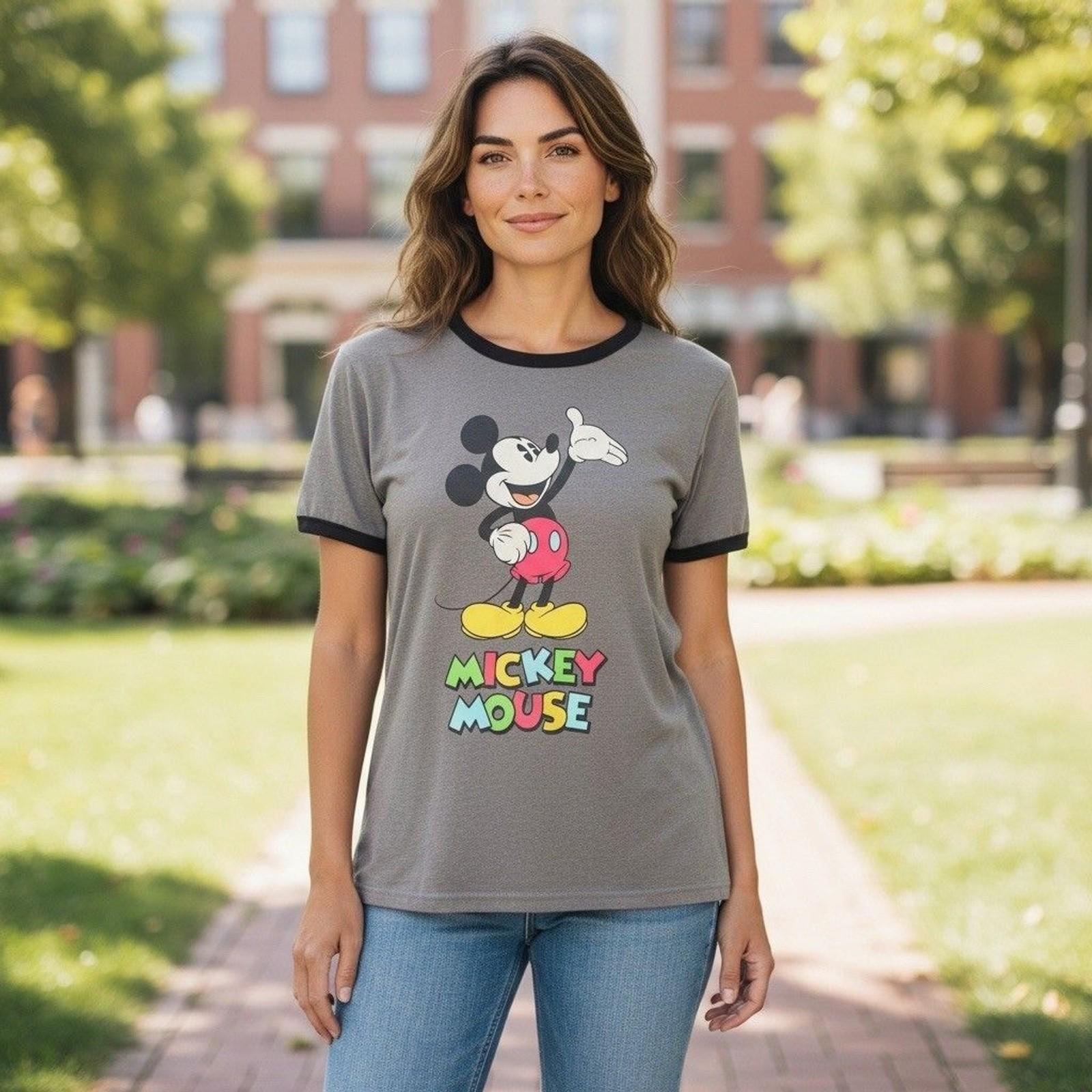 Disney Mickey Mouse Graphic Ringer T-Shirt Unisex 2XL Heather Gray Black 3XL