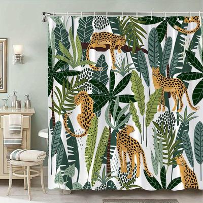 1 pièce Rideau de douche Guépard Tropical Jungle - Guépards Dorés, Feuillage Vert, Décor Moderne, Polyester, Lavable en Machine