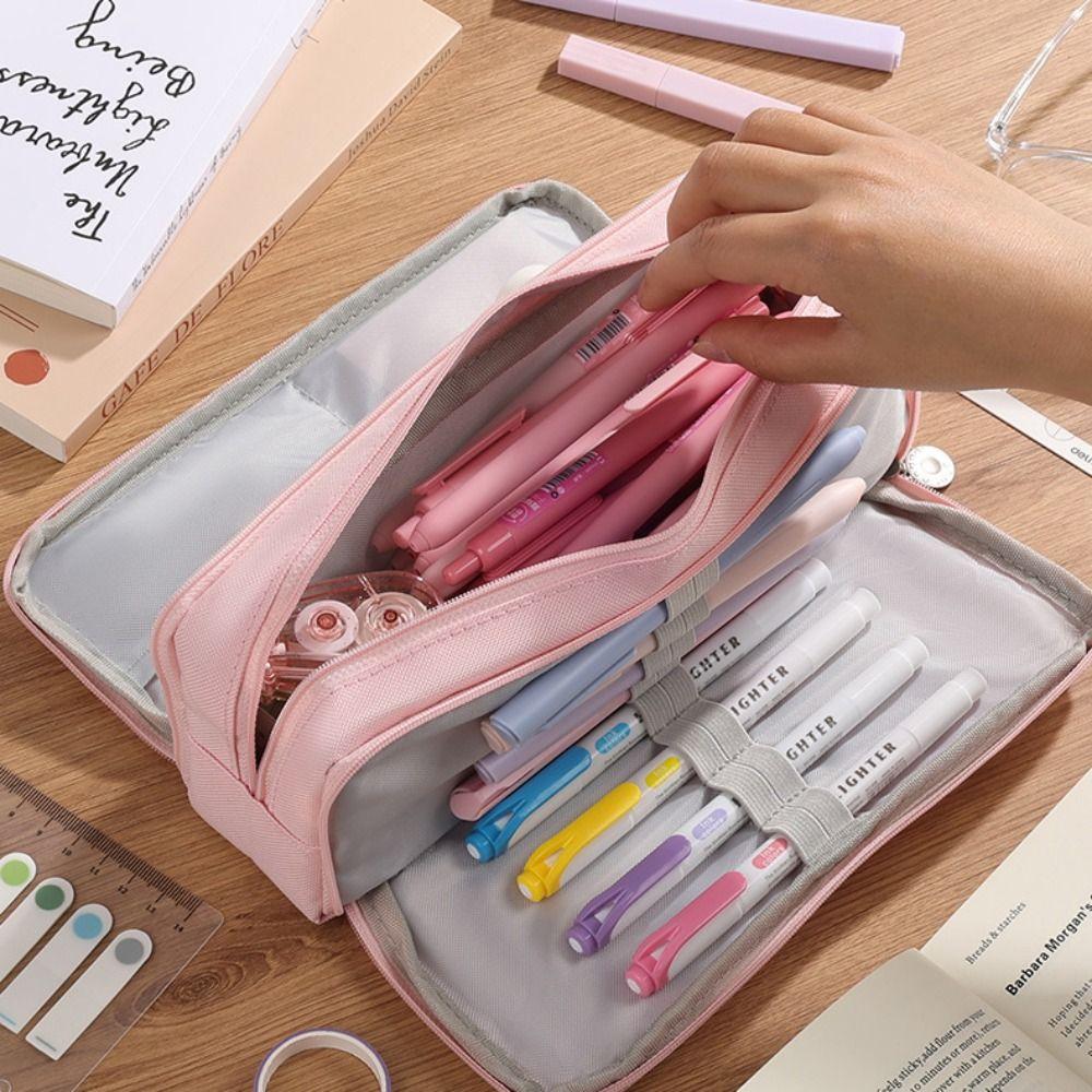 Oxford Cloth Solid Color Pencil Pouch Large Capacity Stationery Organizer Student Use