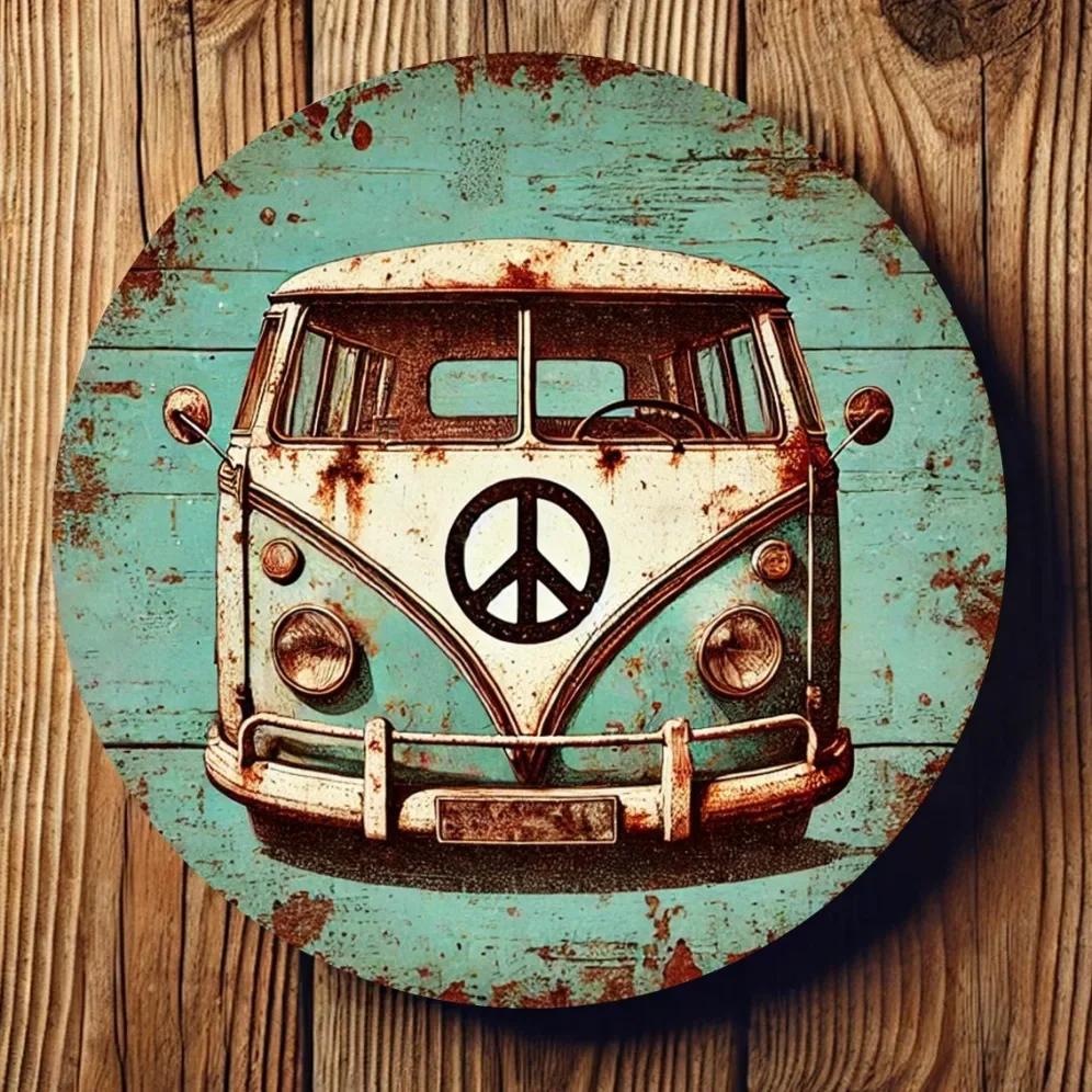 Vintage Hippie Van Peace-Zeichen Aluminium Wandkunst Retro Verwitterte Metallplakette Neuheit Haus Badezimmer Dekoration