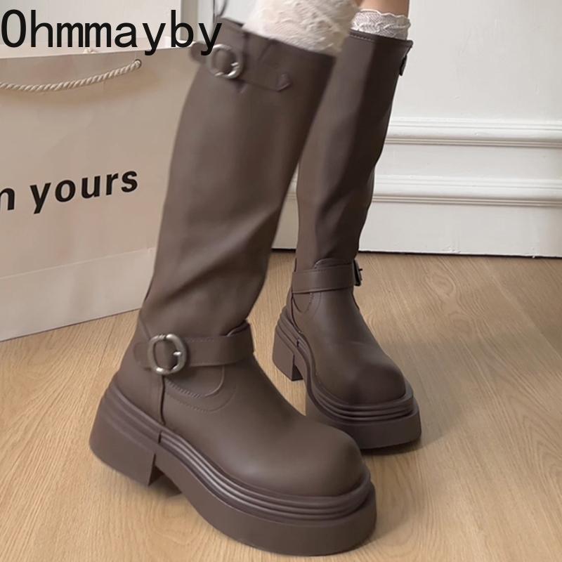 Autumn Winter Thick Heel Women Long Boots Fashion Slip On Slimming Shoes Vintage Ladies Knight Botas