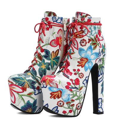 Mode Blomma Ankelboots Dam Plattform Höst Vinter Korta Stövlar Snörning Sexig Ultrahöga Klackar Fetisch Festskor Stor Storlek 46