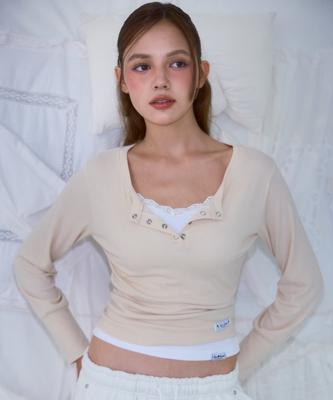 ROSEFRANTZ Eyelet Henley-Neck Long Sleeve [Beige]