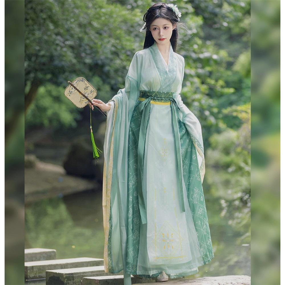 Hanfu de style chinois pour femmes des dynasties Wei et Jin, col croisé, manches larges, costume jupe une pièce