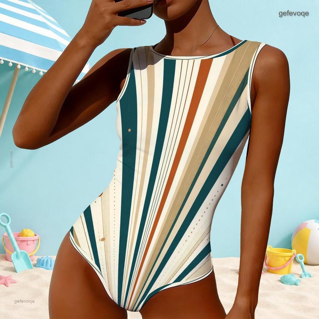 Women Plus Size Geometric Printed High Round Neck Sleeveless One Piece Swimsuit
