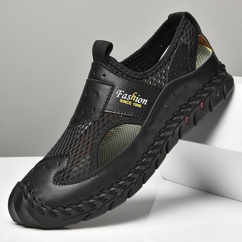 Summer Sandals Breathable Men Shoes Leather & Mesh Outdoor Men Sandals Antiskid Beach Sandals Hollow Flats Footwear 38