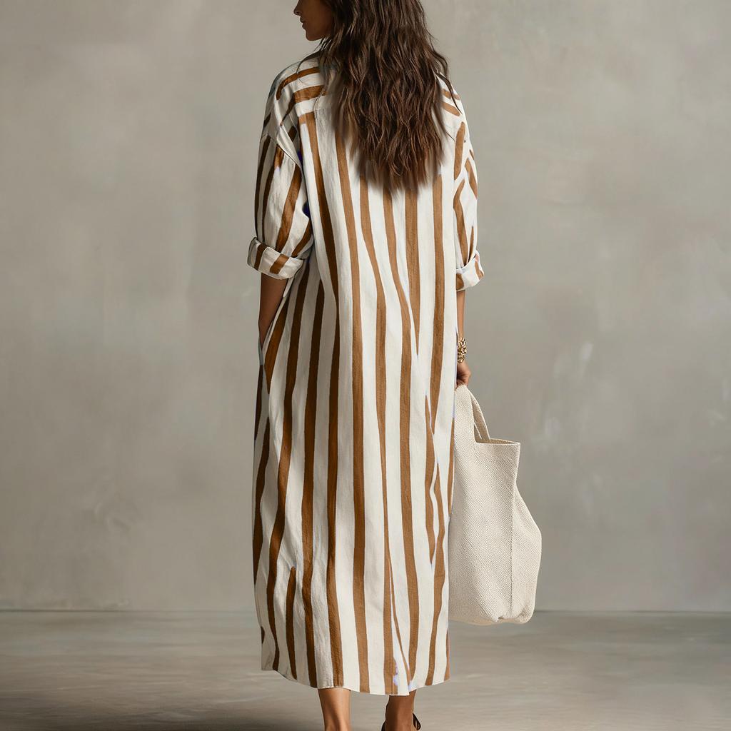 Women's Fashionable Loose V-neck Long Striped Three-quarter Sleeve Shirt Dress