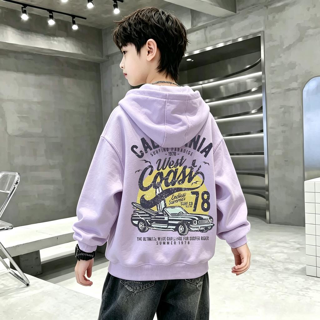 New Autumn Winter Kids Hooded Sweatshirt Retro West Coast Vintage Car Slogan Back Print Boys Girls Streetwear Hoodie