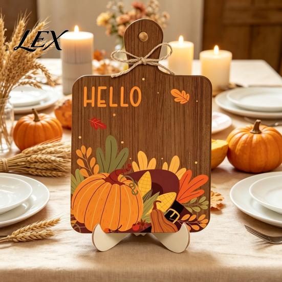Natural Wood Craft Ornaments Hello Fall Wooden Sign, Cutting Board Shape Autumn Harvest Tabletop Ornament with Thanksgiving Hanging Rope & Stand,