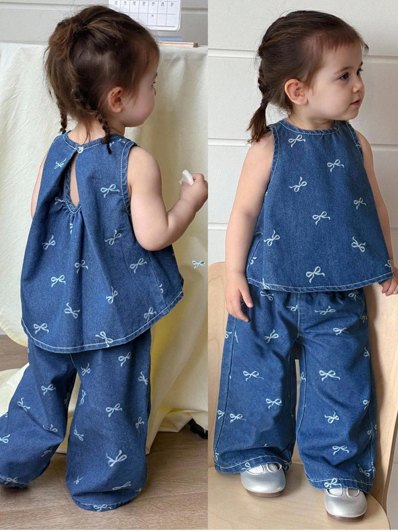 

2pcs Baby Girl Denim Outfit Vest and Pants Set with Embroidery Bow Loose Fit Casual Fashion for Daily Outings Parties, Perfect for Outdoor 4Y синій