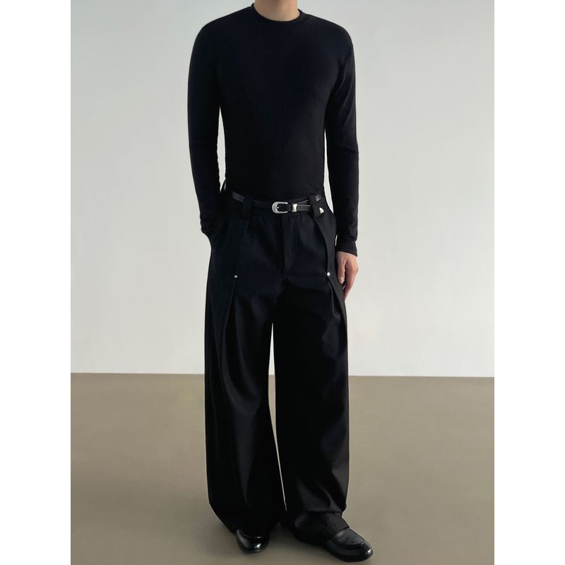 Blaexit Old Money Style Cleanfit Curved Pleated A-Line Dress Pants for Men, Loose Straight-Leg Drape Wide-Leg Trousers