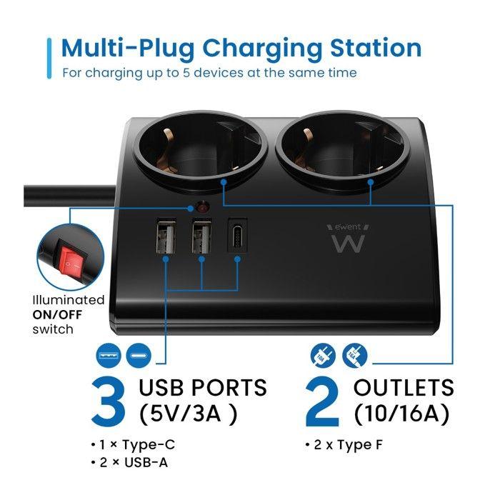 Multiprise de Bureau Ewent EW3871 2 USB-A/1USB-C 1.5m Noire