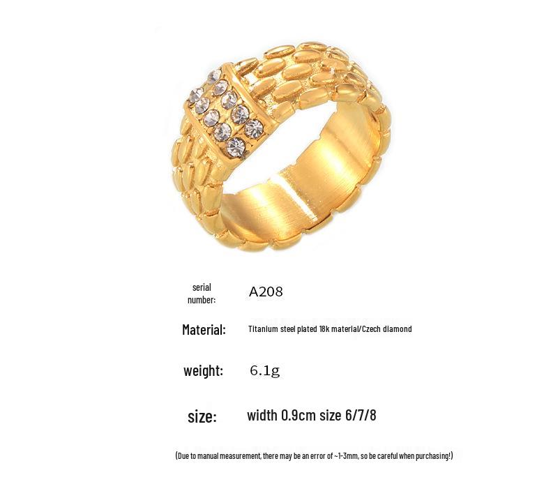 Bague en acier titane de style rétro européen et américain avec texture tissée et incrustation de diamant plaqué or 18 carats pour femmes