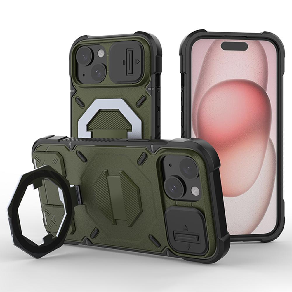 

For iPhone 15 Case Compatible with MagSafe PC+TPU Kickstand Phone Cover with Lanyard Green