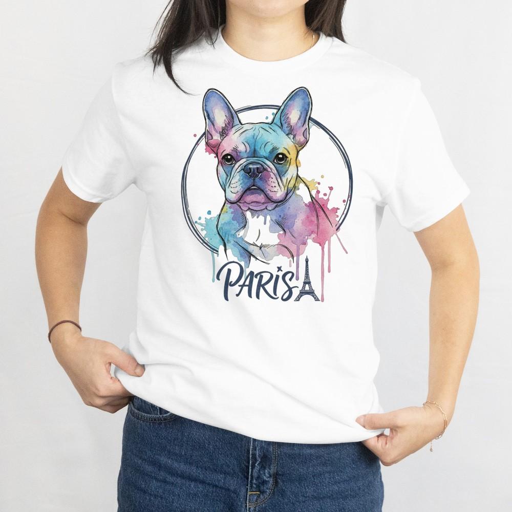 

Watercolor French Bulldog Paris Tee, Colorful Portrait Frenchie Eiffel Tower Tee 4XL
