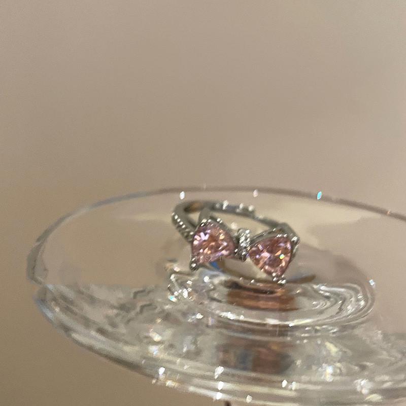 Stylish Bow Pink Knot Adjustable Open Ring For Women With Dazzling Gemstones Zirconia