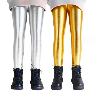 Gold Silver Kids Pants Girls Spring Autumn Children Elastic Faux Leather Leggings Skinny Pencil Pants Girl Leggings