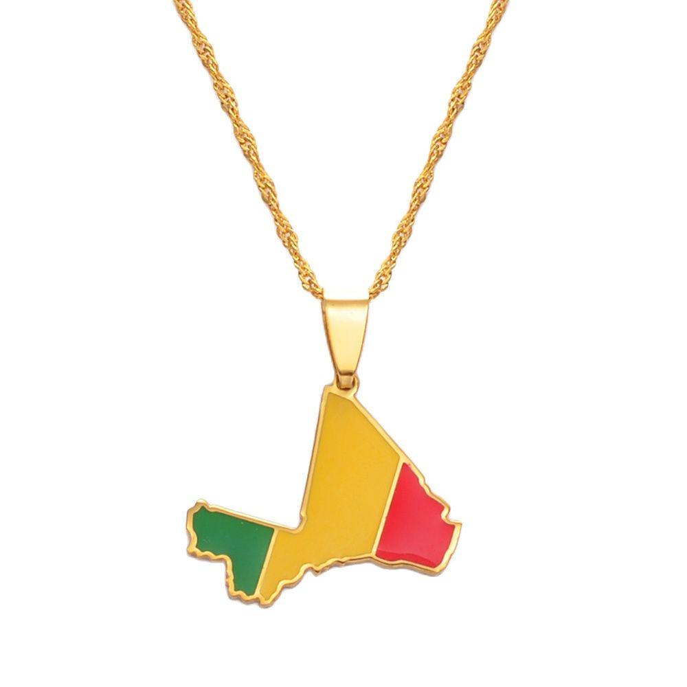 Anniyo Mali Map Flag Pendant Necklaces for Women Men Ethnic Jewelry Stainless Steel Republique du Mali #156321 45cm Thin Chain