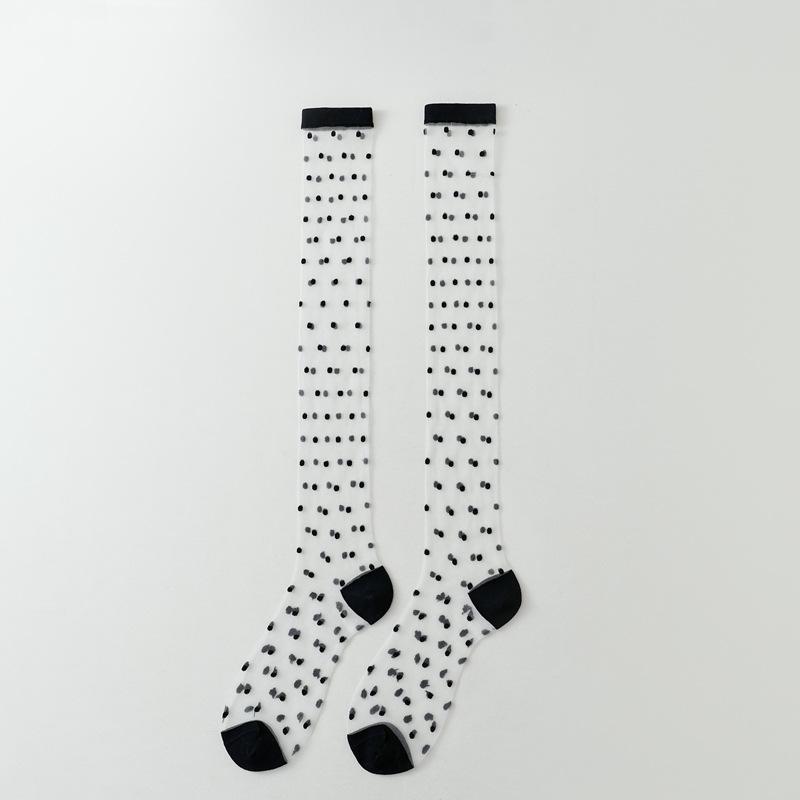 Crystal Silk Socks Women Stockings Summer Ultra-thin Transparent Knee Socks Polka Dot JK Girls Black White Long Socks Stockings