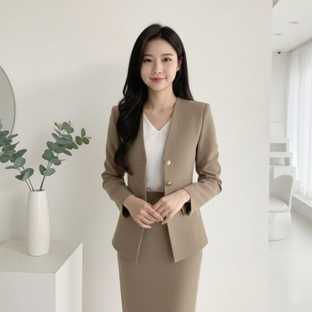 Style Latte Women V Neck No Collar Single Jacket Gold Button Slim Stretch Jacket