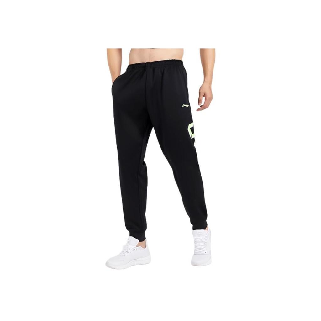 Li-Ning Sports Fashion Series Letter Print Drawstring Cuffed Mid-Waist Knitted Sports Pants Men bottoms Standard-Black YKLU275-3